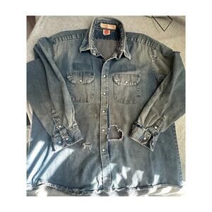 Red Kap Pearl Snap Denim Work Shirt XXL Vintage Distressed Western Heavyweight
